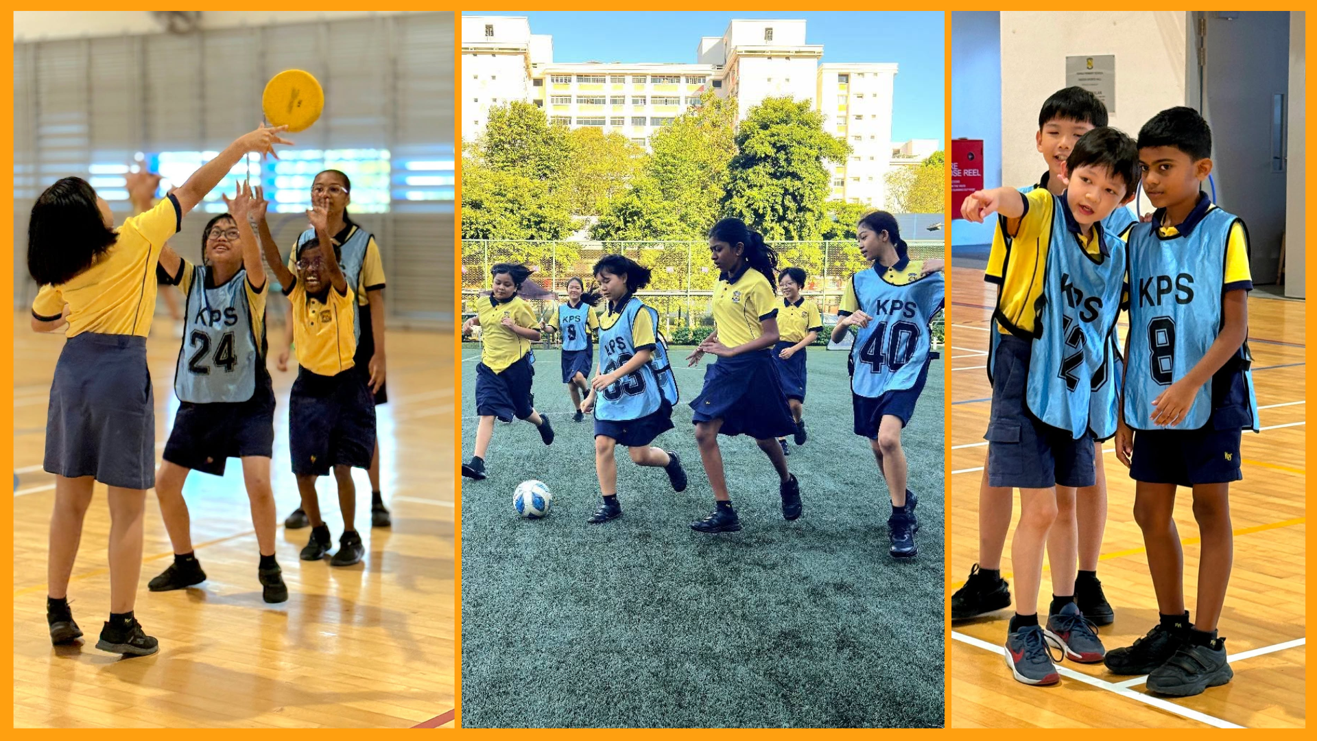 Three photos of school children in yellow uniforms playing soccer outdoors and passing a purple ball indoors.
